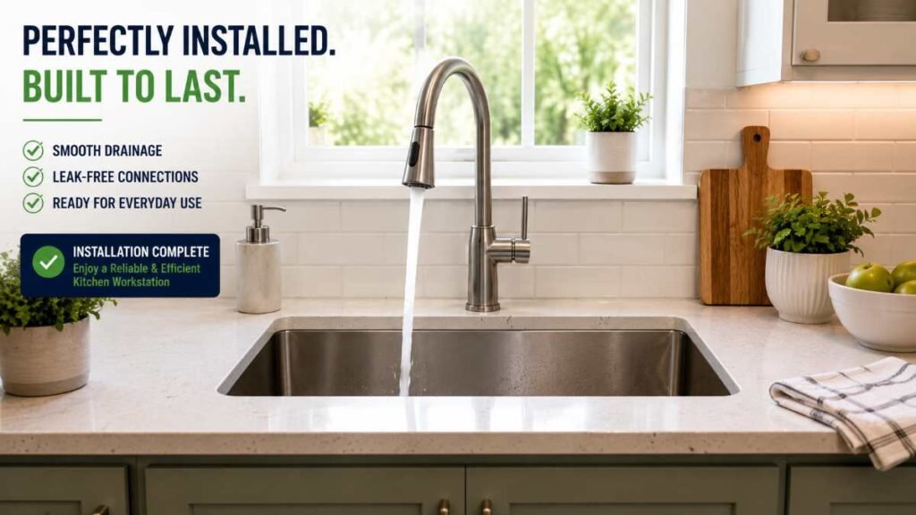 Completed leak-free kitchen sink installation with pull-down faucet