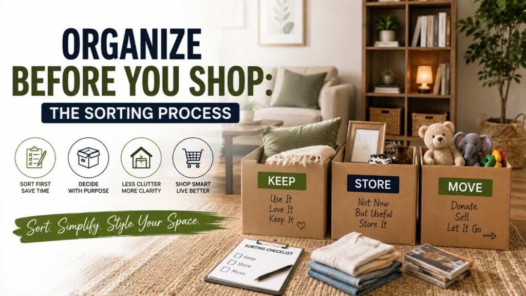 Three cardboard boxes labeled "KEEP," "STORE," and "DITCH" sit on the living room floor filled with items, illustrating the crucial planning step before buying living room storage ideas.