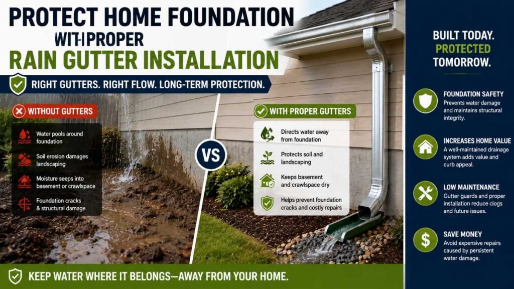 A complete rain gutter installation on a residential home directing roof runoff safely away from the foundation wall.
