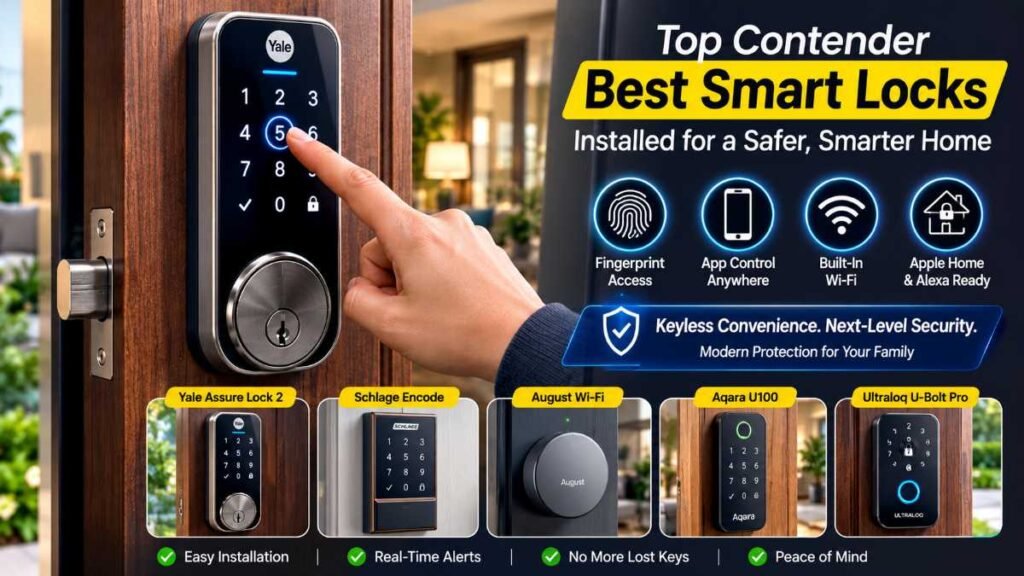 Homeowner entering a numerical code on one of the best smart locks during evening arrival.