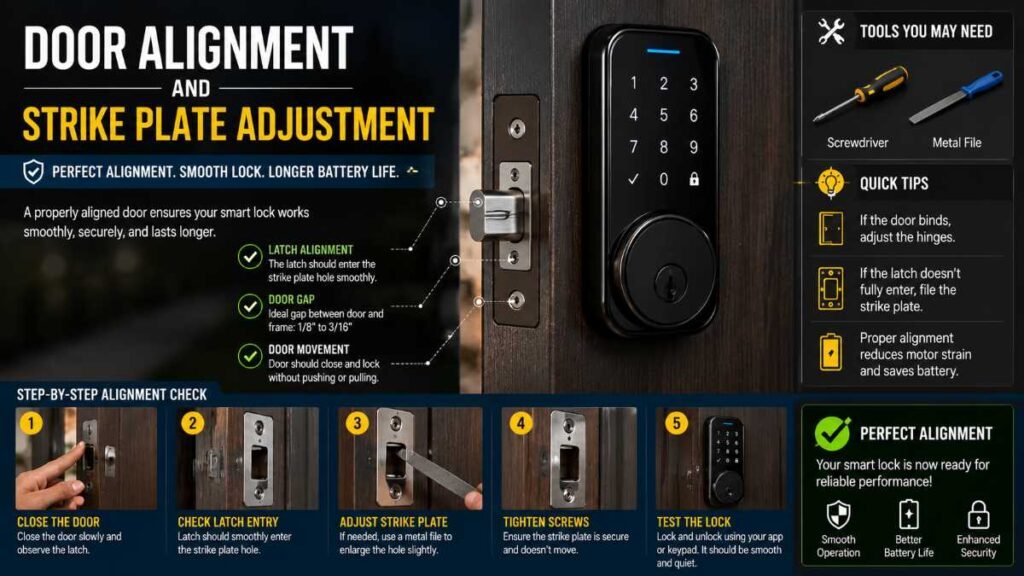 Hand checking door alignment and strike plate spacing prior to installing the best smart locks.