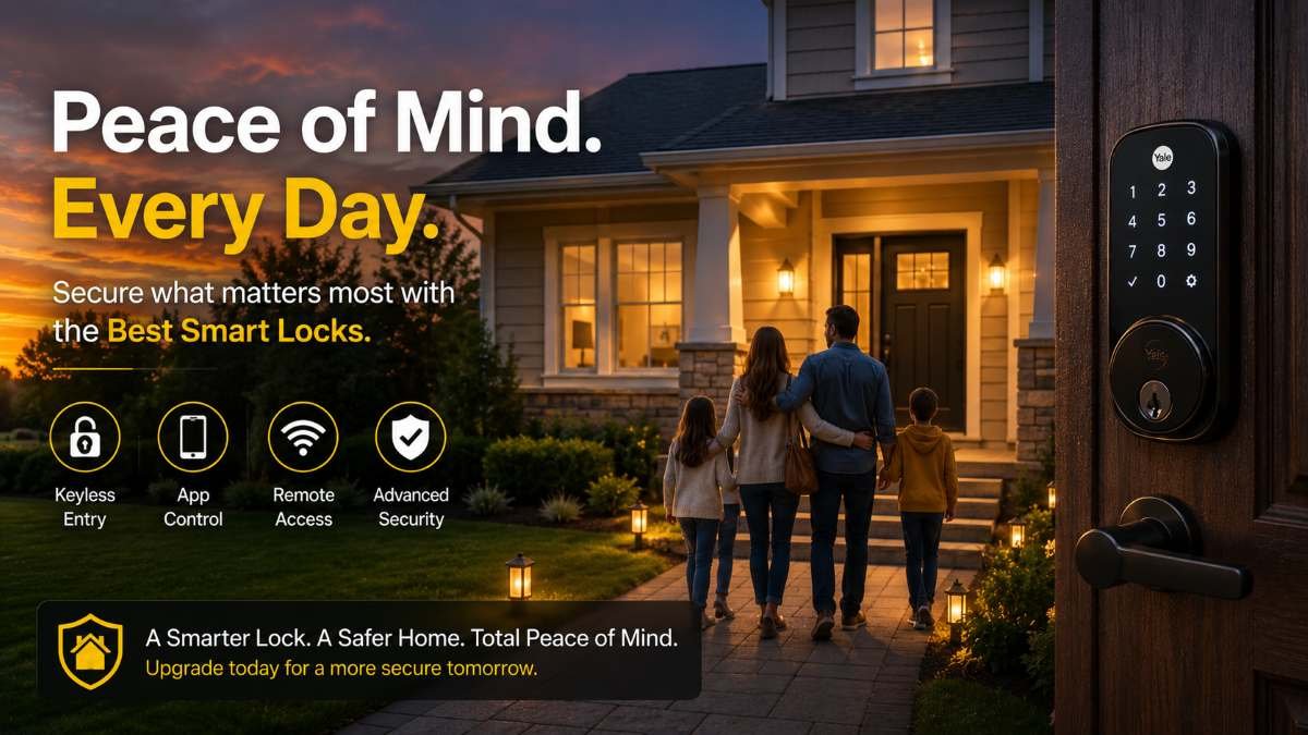 Warm sunset glow illuminating a secure front door upgraded with one of the best smart locks.