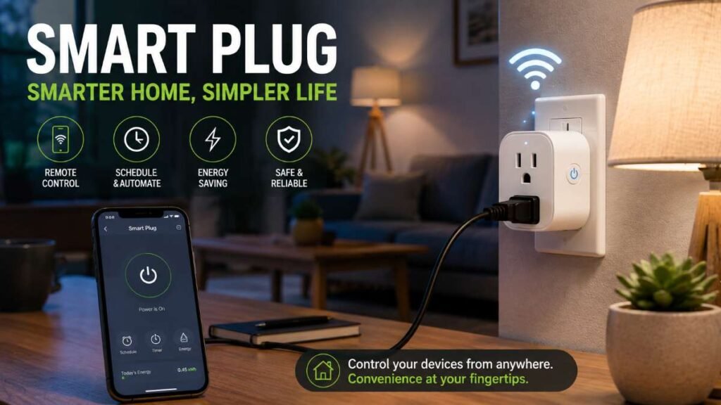 A sleek white smart plug plugged into a wall outlet powering a living room lamp.