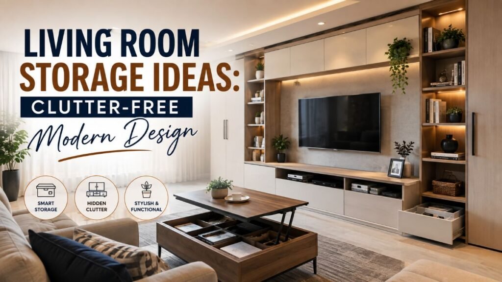A bright, modern living room featuring sleek built-in shelving and a hidden TV cabinet, demonstrating effective living room storage ideas for a clutter-free home.