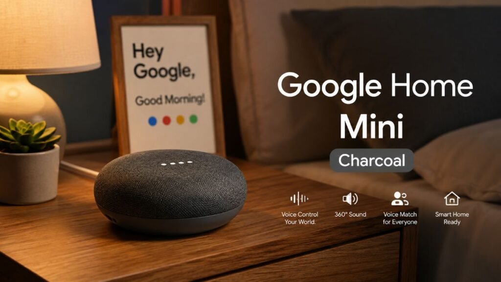 google home mini charcoal smart speaker on a clean bedside table