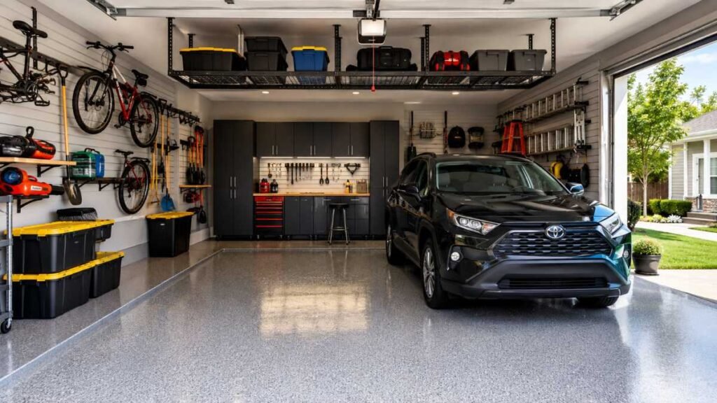 Modern and clean layout showcasing smart garage storage ideas with a car parked inside