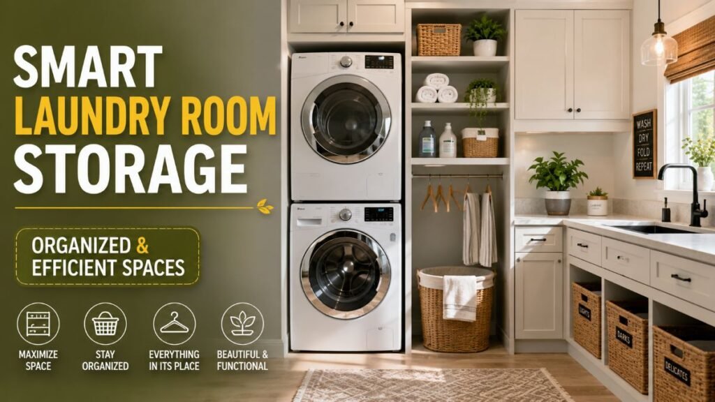 Organized setup displaying smart laundry room storage ideas with floating wall shelves over washing machines