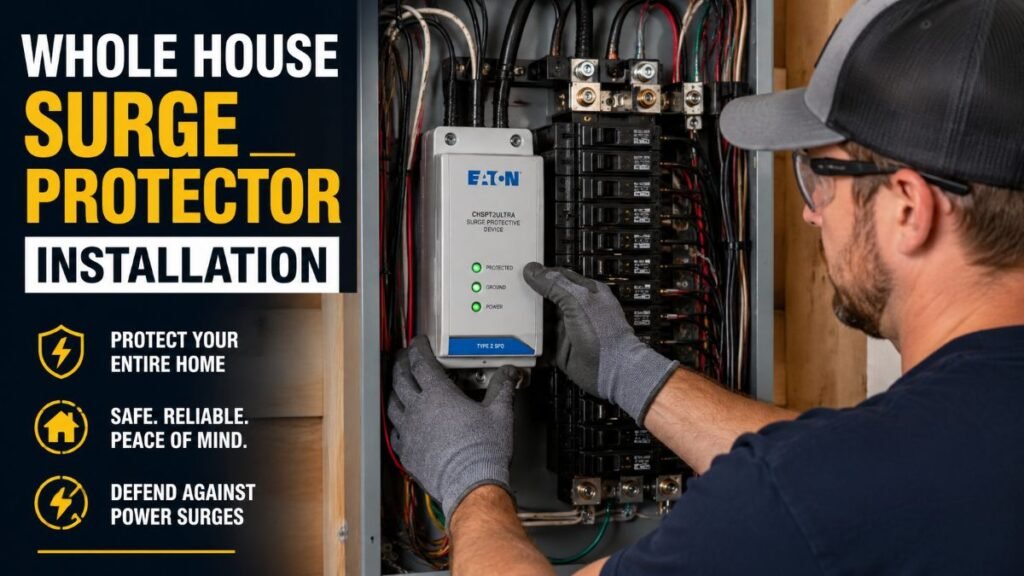 Electrician installing a whole house surge protector inside a main breaker panel