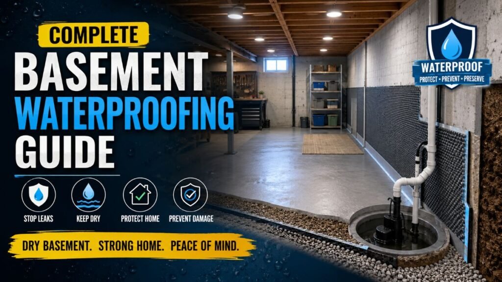 Modern dry basement protected by a complete basement waterproofing guide system.