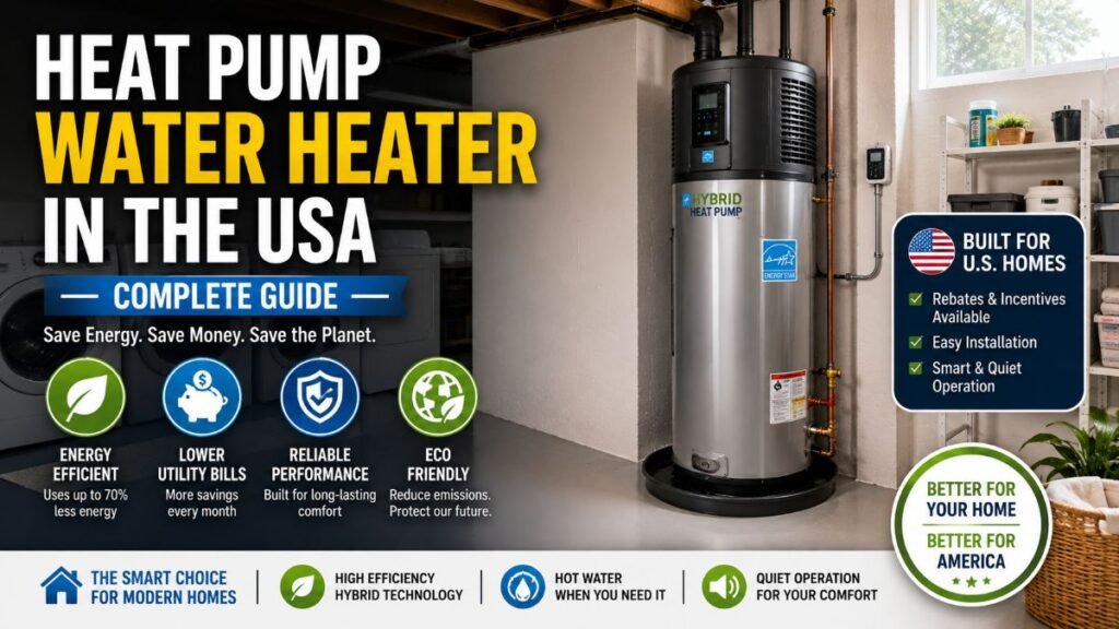 Modern heat pump water heater in the USA installed in a residential