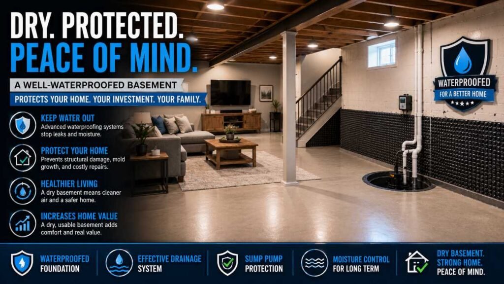 Completed setup showcasing a dry home from our basement waterproofing guide.