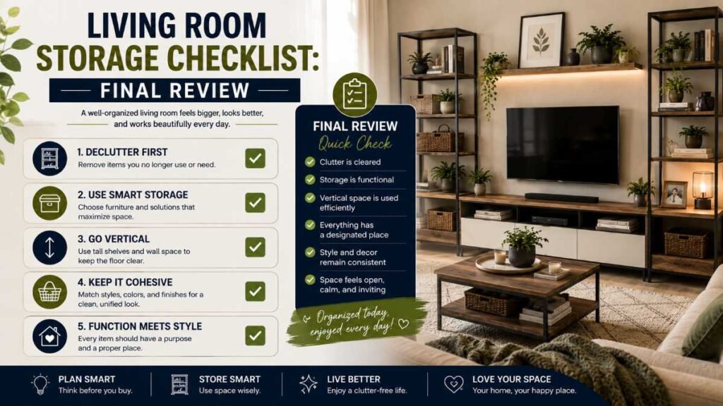 A clean, infographic-style graphic summarizing the 10-point checklist for buying storage (Measure, Declutter, Category, Safety, Scale, etc.) related to living room storage ideas.