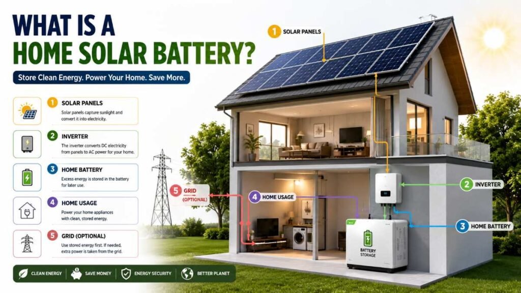Diagram showing solar panels feeding power to a home battery storage for home