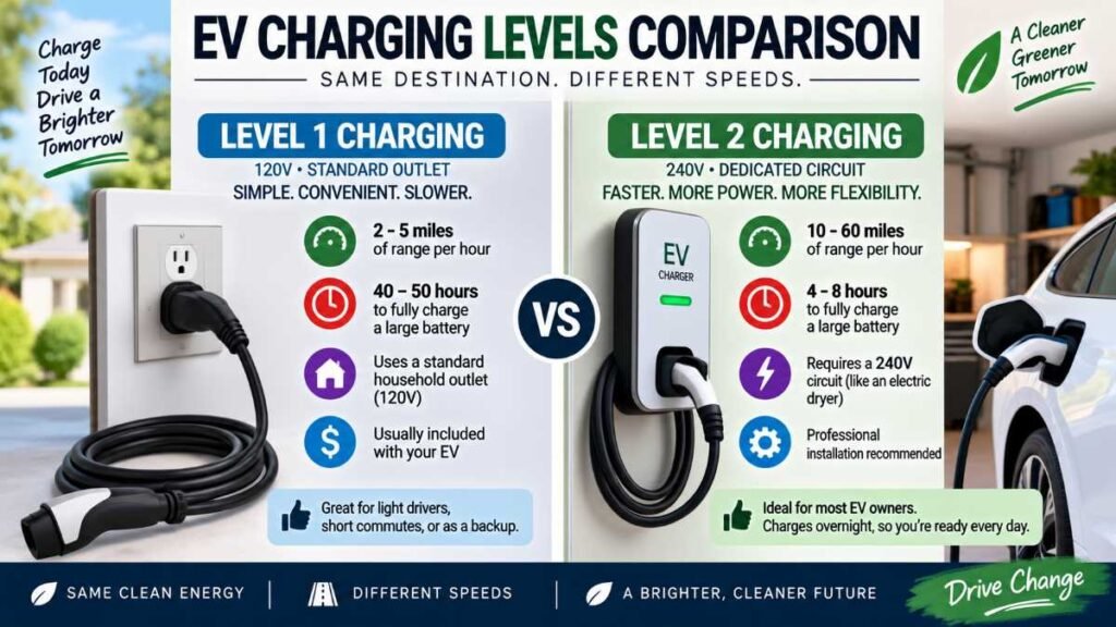 Comparison of Level 1 and Level 2 electric vehicle charging hardware