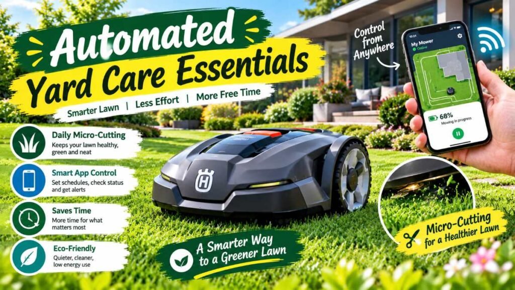 Smart robot lawn mower operating daily micro-cutting passes on turf