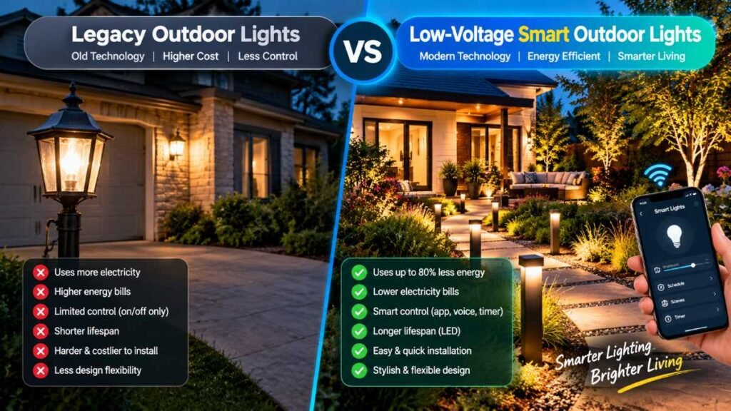 Side-by-side comparison of traditional halogen floodlights and low-voltage smart outdoor lighting.