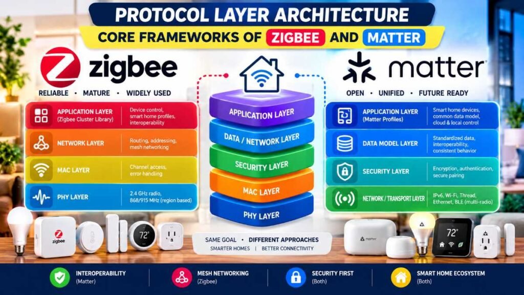 Network framework diagram of Zigbee vs Matter protocols