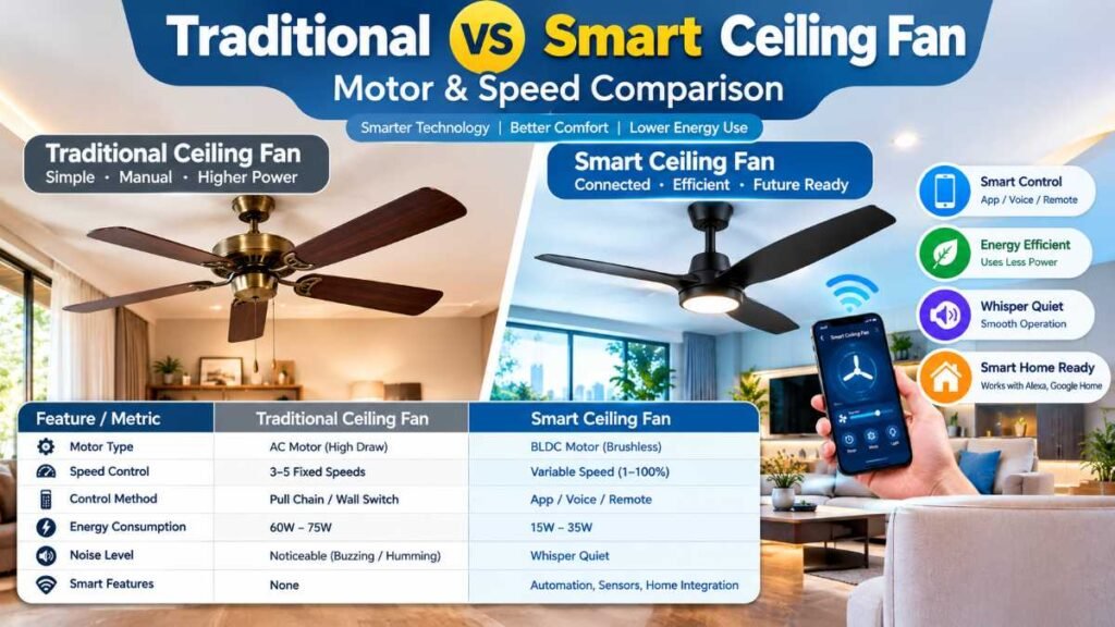 Comparing traditional fans against a modern smart ceiling fan