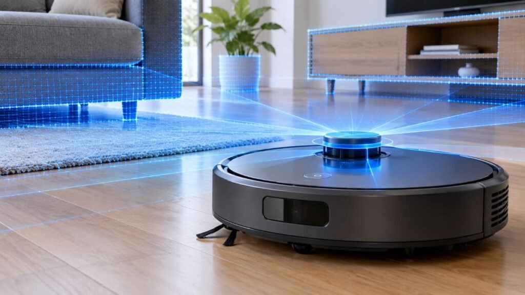 Close-up of a robot vacuum LiDAR laser turret mapping room layouts in real time