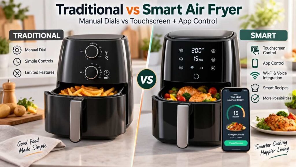 Comparing digital controls of a smart air fryer against manual knobs.
