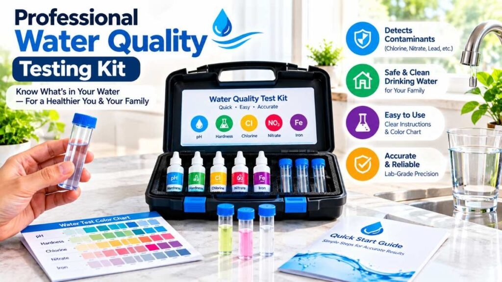 Certified laboratory water quality test kit with sample collection tubes.