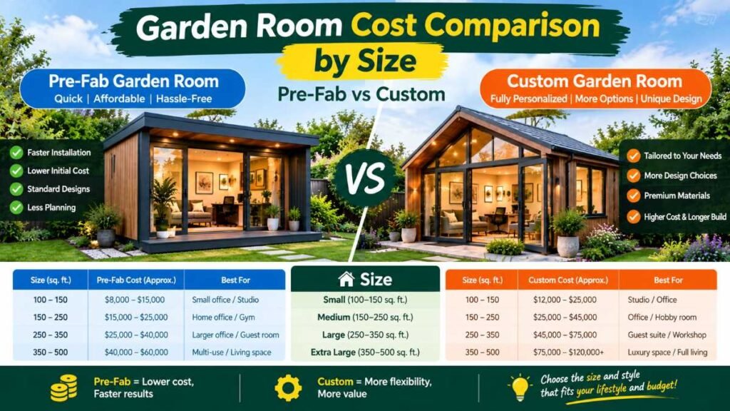 Garden room cost chart comparing pre-fab kits and custom builds