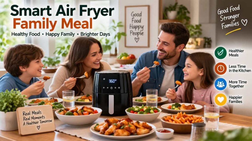 Family enjoying a quick dinner prepared with a smart air fryer.