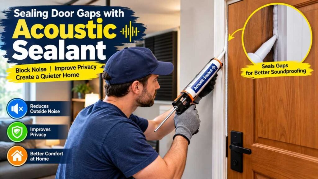 Sealing air gaps around a door frame using acoustic caulk to soundproof a room