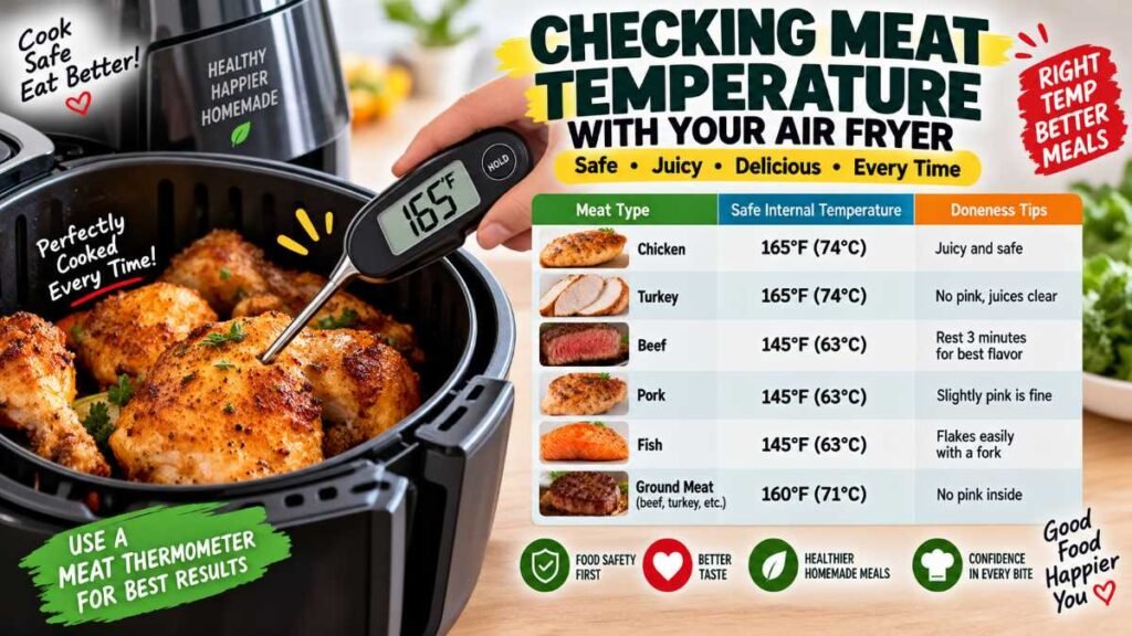 Checking food temperature while using an air fryer cooking times chart
