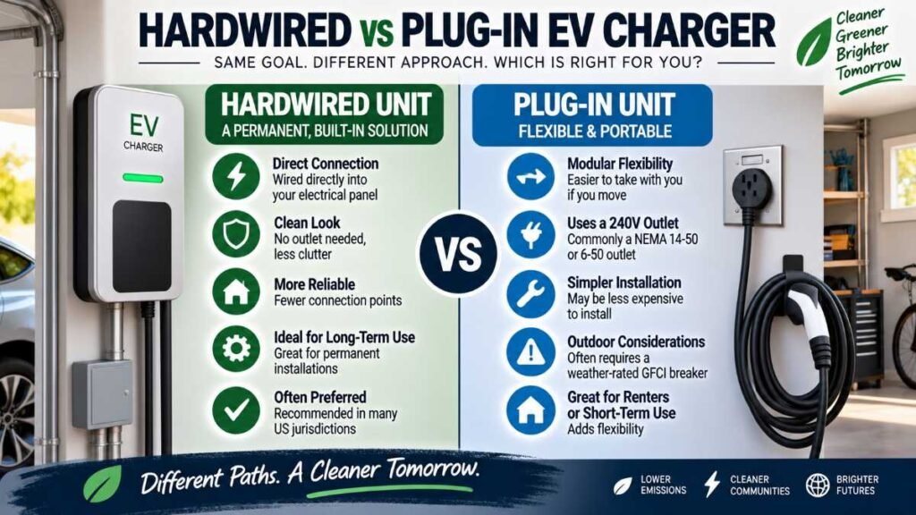 Hardwired wall-mounted EV charging station in a residential garage