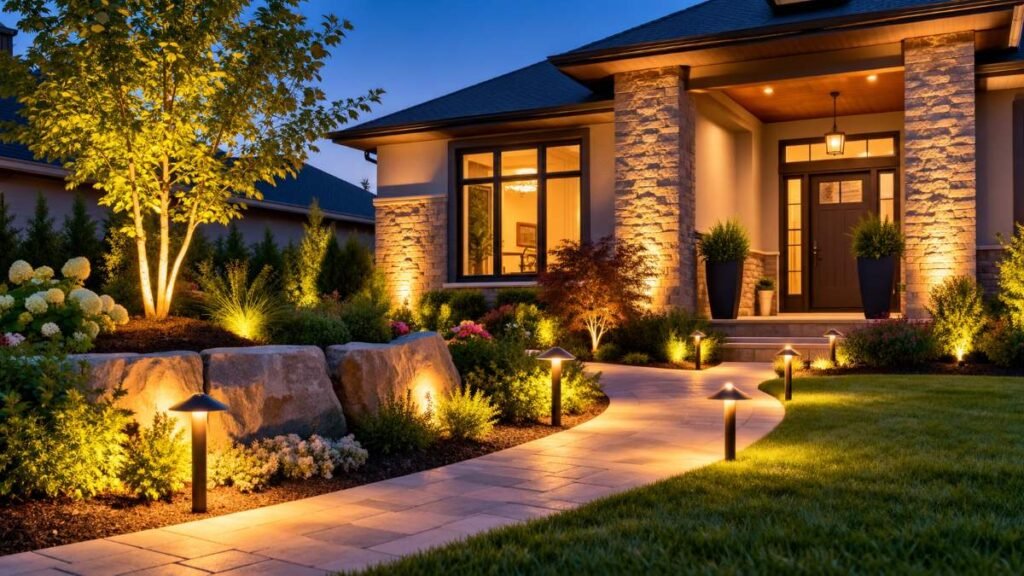 Warm LED smart outdoor lighting illuminating brick wall textures and landscaping foliage