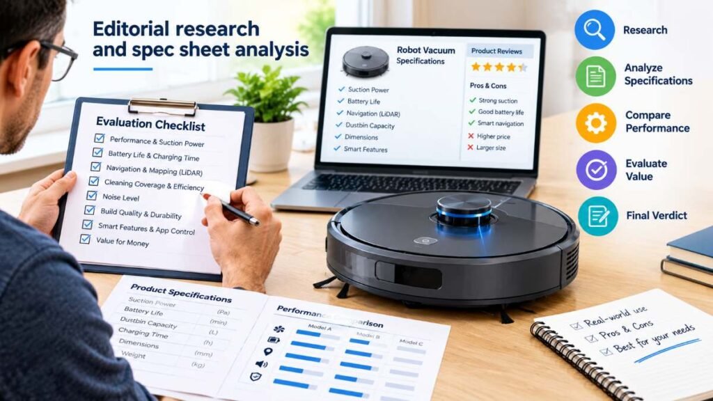 An expert reviewing technical specifications for a reliable robot vacuum buying guide.