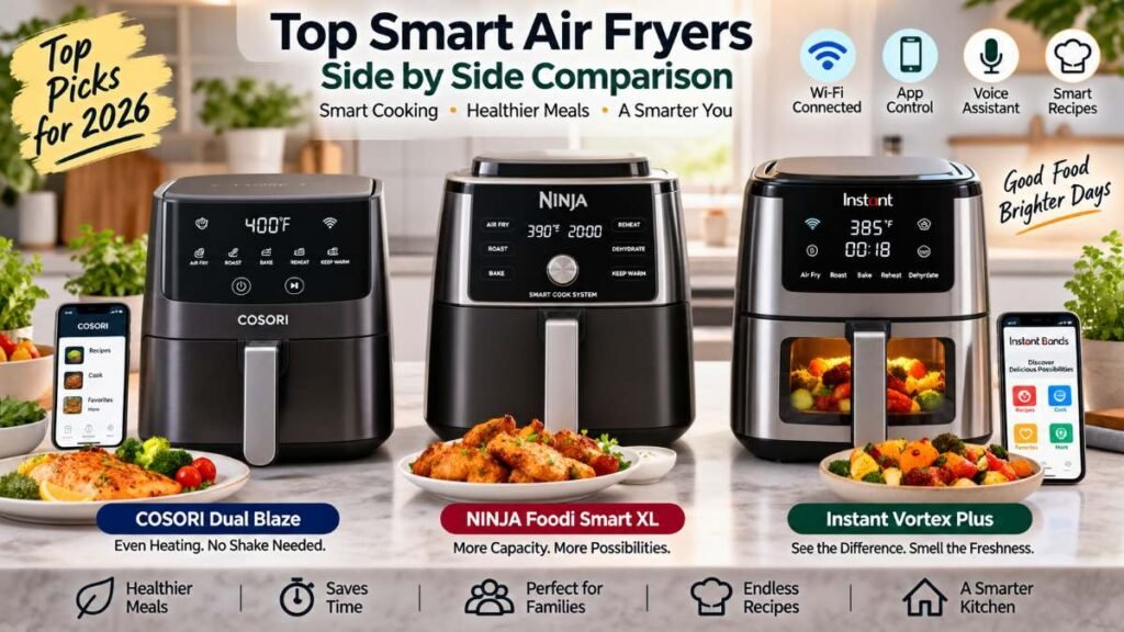 Side-by-side comparison of top rated smart air fryer models.