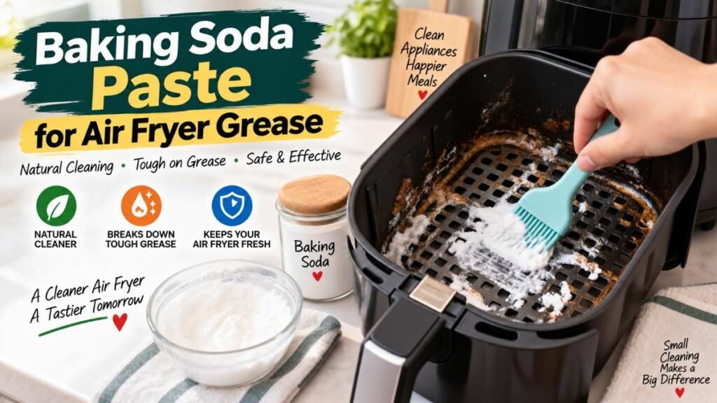 Applying baking soda paste to remove baked-on grease when learning how to clean an air fryer