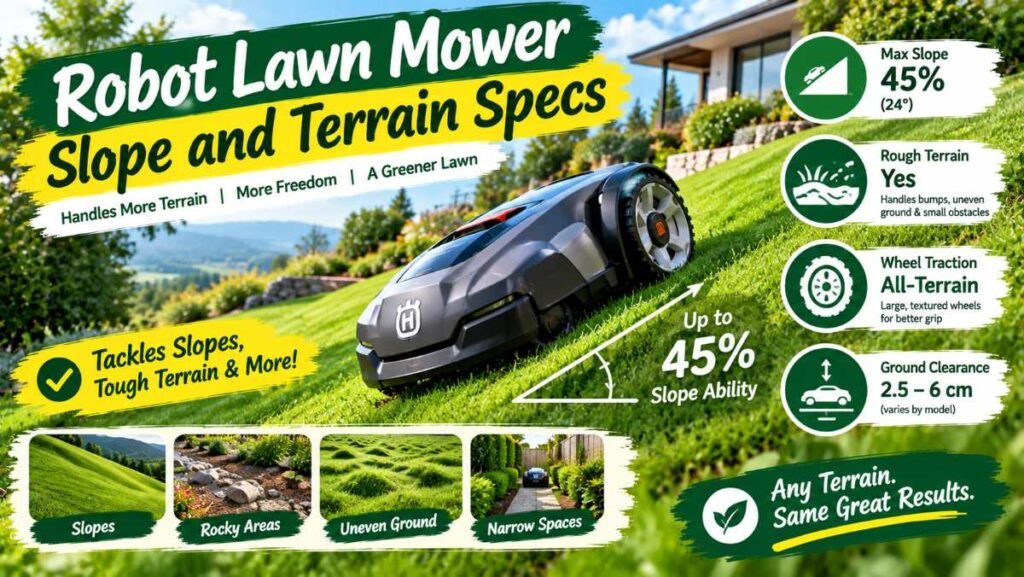 All-wheel drive robot lawn mower climbing a sloped grassy hill