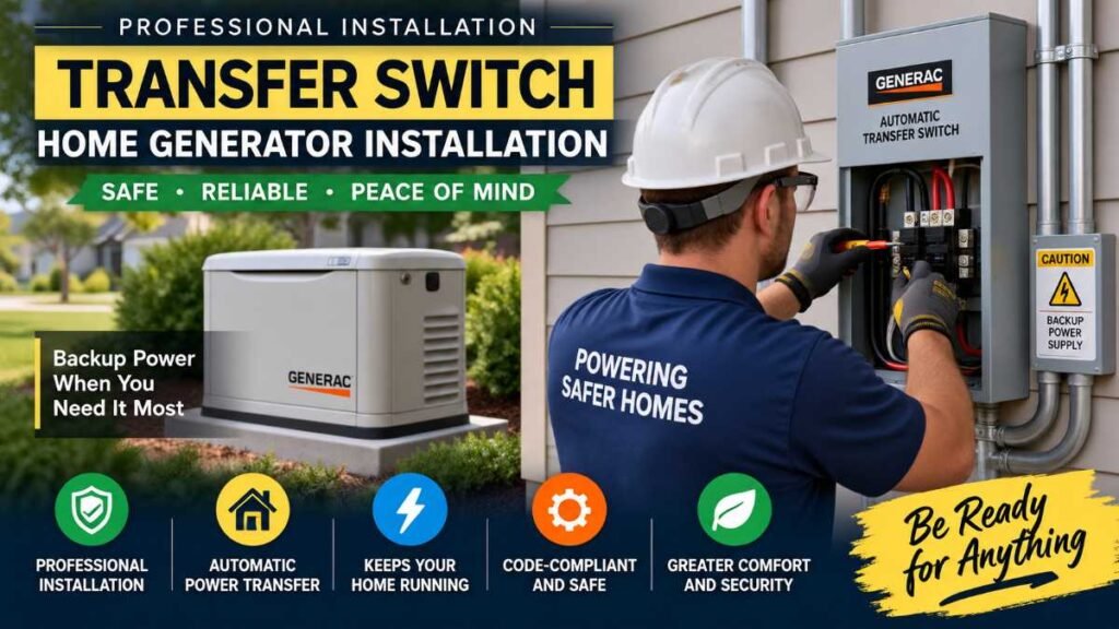 Certified electrician wiring a transfer switch during Home Generator Installation