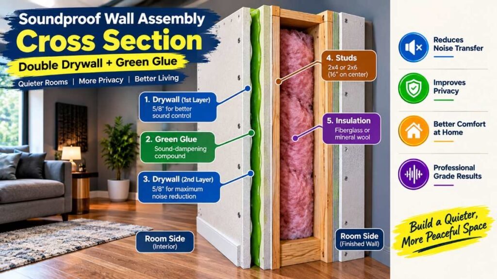 Multi-layer wall assembly with double drywall and damping compound to soundproof a room