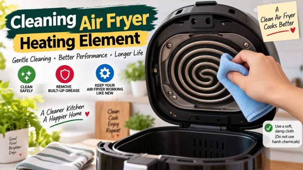 Wiping splatter off overhead heating element with damp cloth