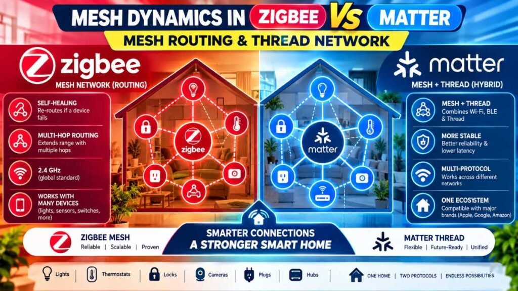 Self-healing mesh network structure of Zigbee vs Matter