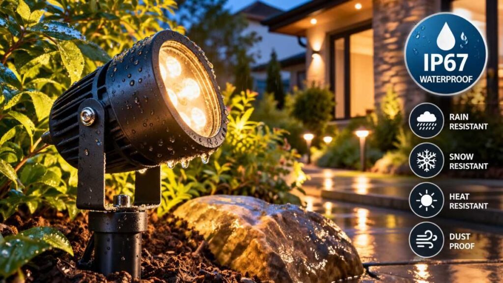 Heavy-duty IP67 waterproof smart outdoor lighting brass spotlight installed near garden sprinklers
