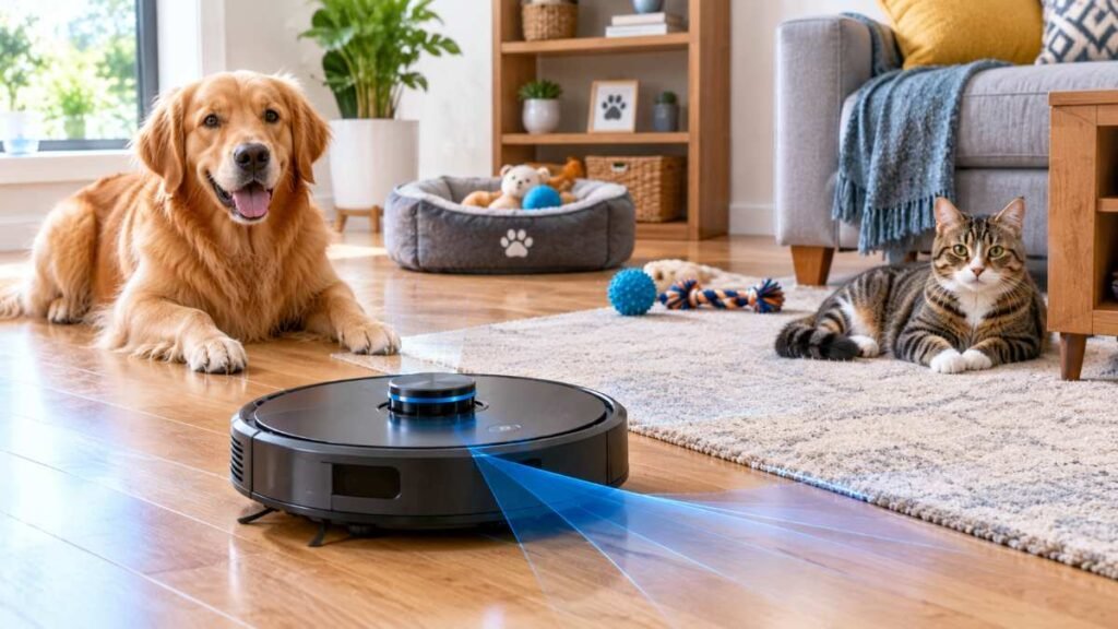 A robot vacuum navigating around pet toys and mixed flooring surfaces