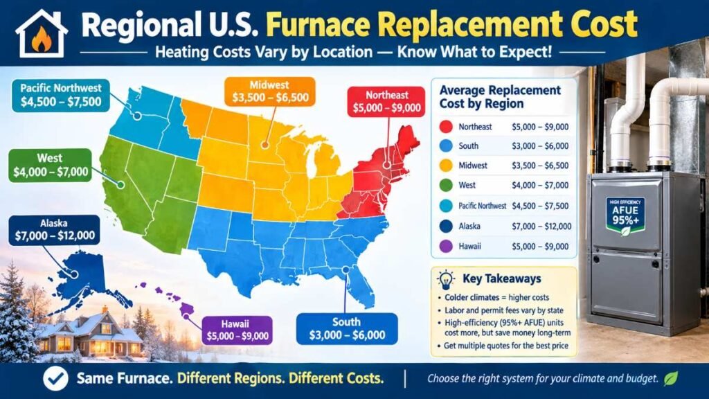 Geographic price map displaying regional furnace replacement cost averages