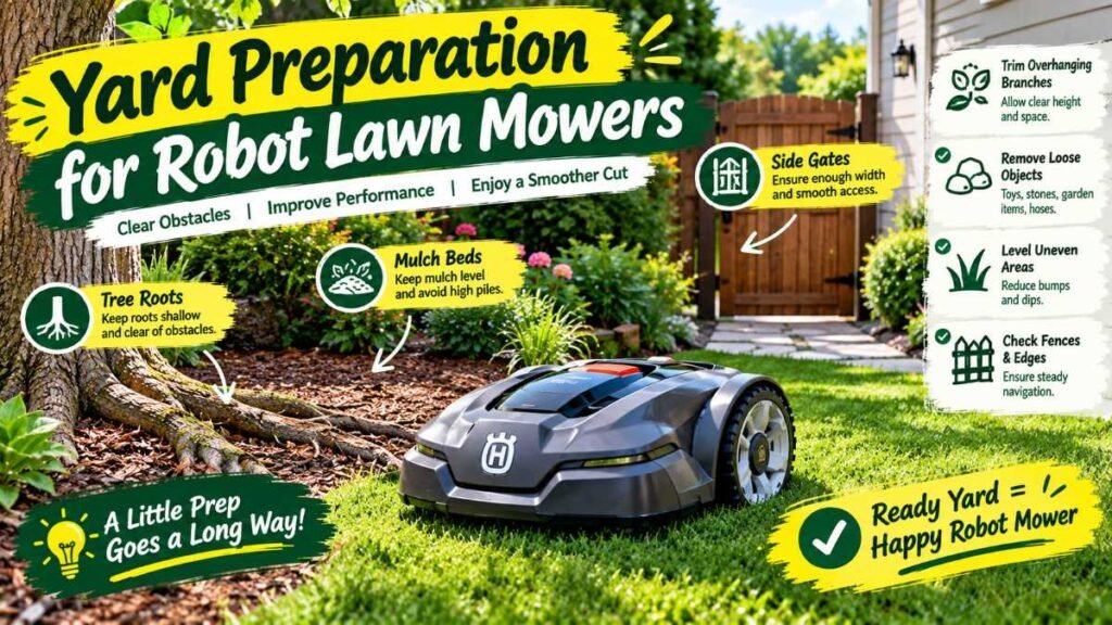 Wire-free robot lawn mower navigating around mulch beds and side gates