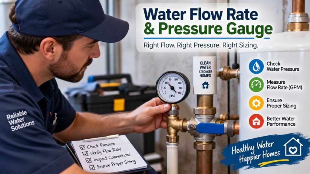 Water pressure gauge showing household flow rate in gallons per minute.