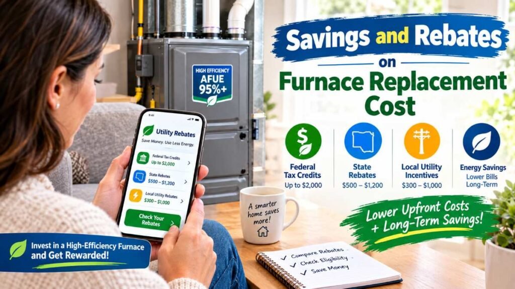 Homeowner reviewing local utility rebates for furnace replacement cost savings
