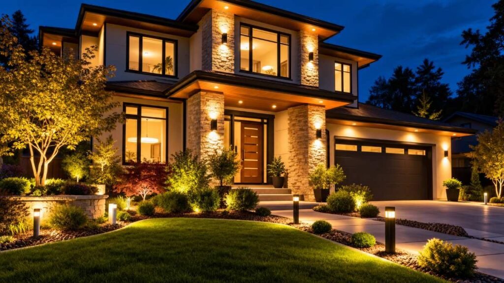 Full front view of a luxury house with automated smart outdoor lighting fully active at dusk.