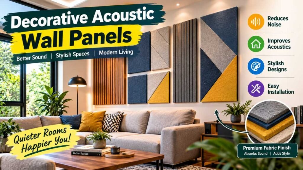 Decorative acoustic wall panels placed at primary reflection points to reduce room echo