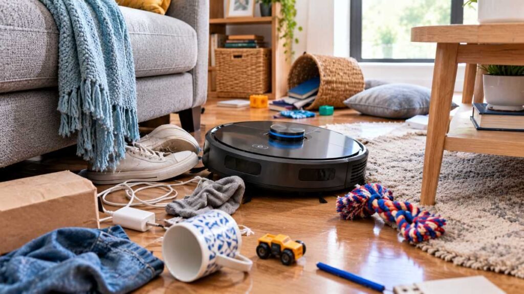 A robot vacuum trapped by loose cables and clutter on a messy floor.