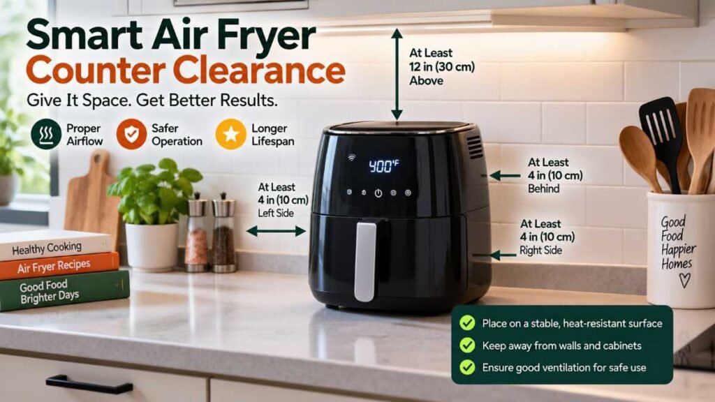 Ideal cabinet clearance and counter placement for a smart air fryer.