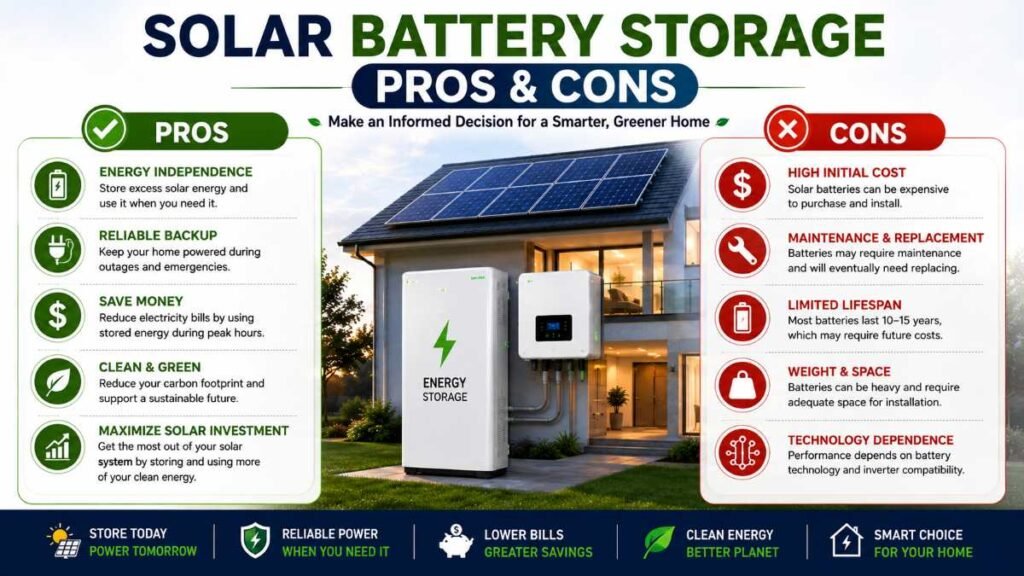 Balanced checklist comparing benefits and costs of solar storage for home